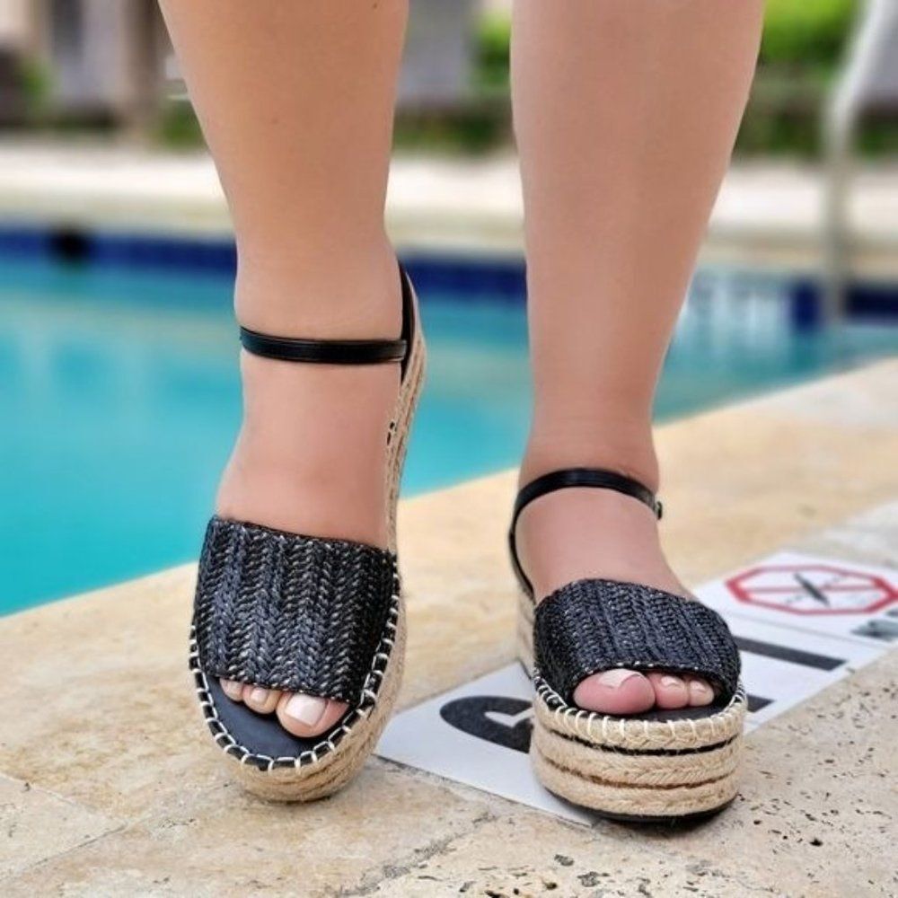 Black Woven Color Espadrille Wedge Sandals Open Toe Faux Leather Women's - Picture 3 of 4